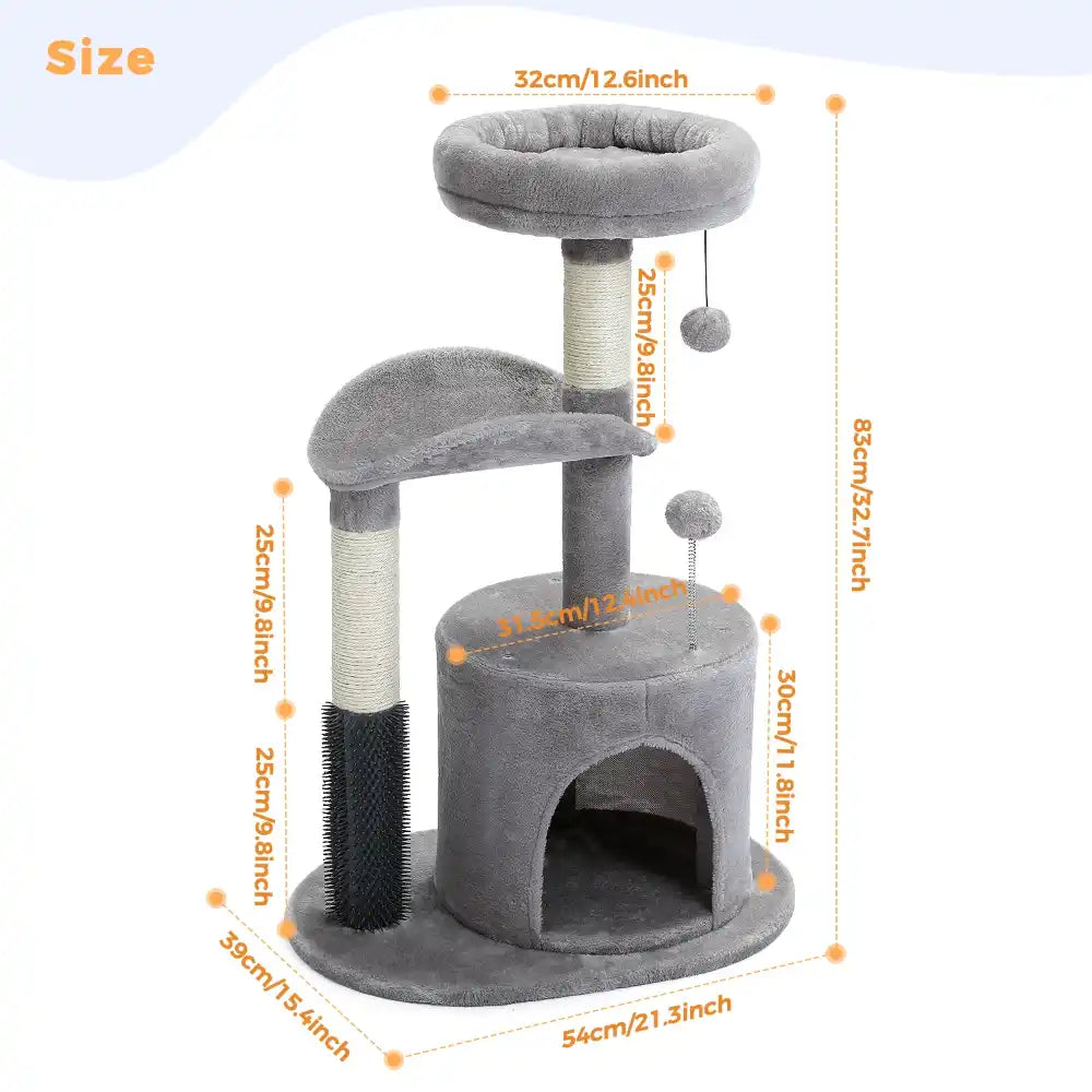 Gray cat tree with measurements on a white background