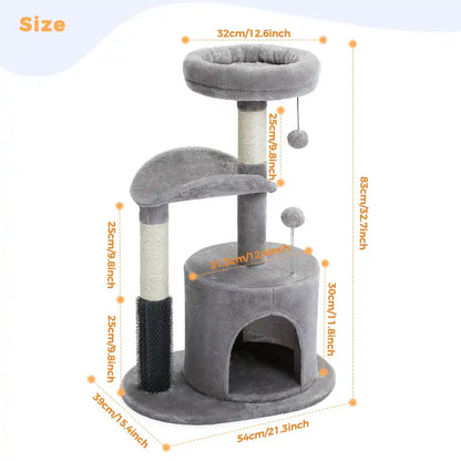 Gray cat tree with measurements on a white background