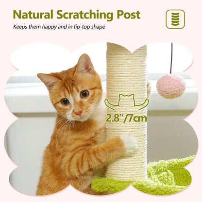 Cat playing with a natural scratching post with text indicating it keeps cats happy.