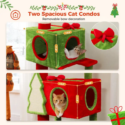 Two cat condos in green and red with a removable bow decoration, featuring a cat inside.