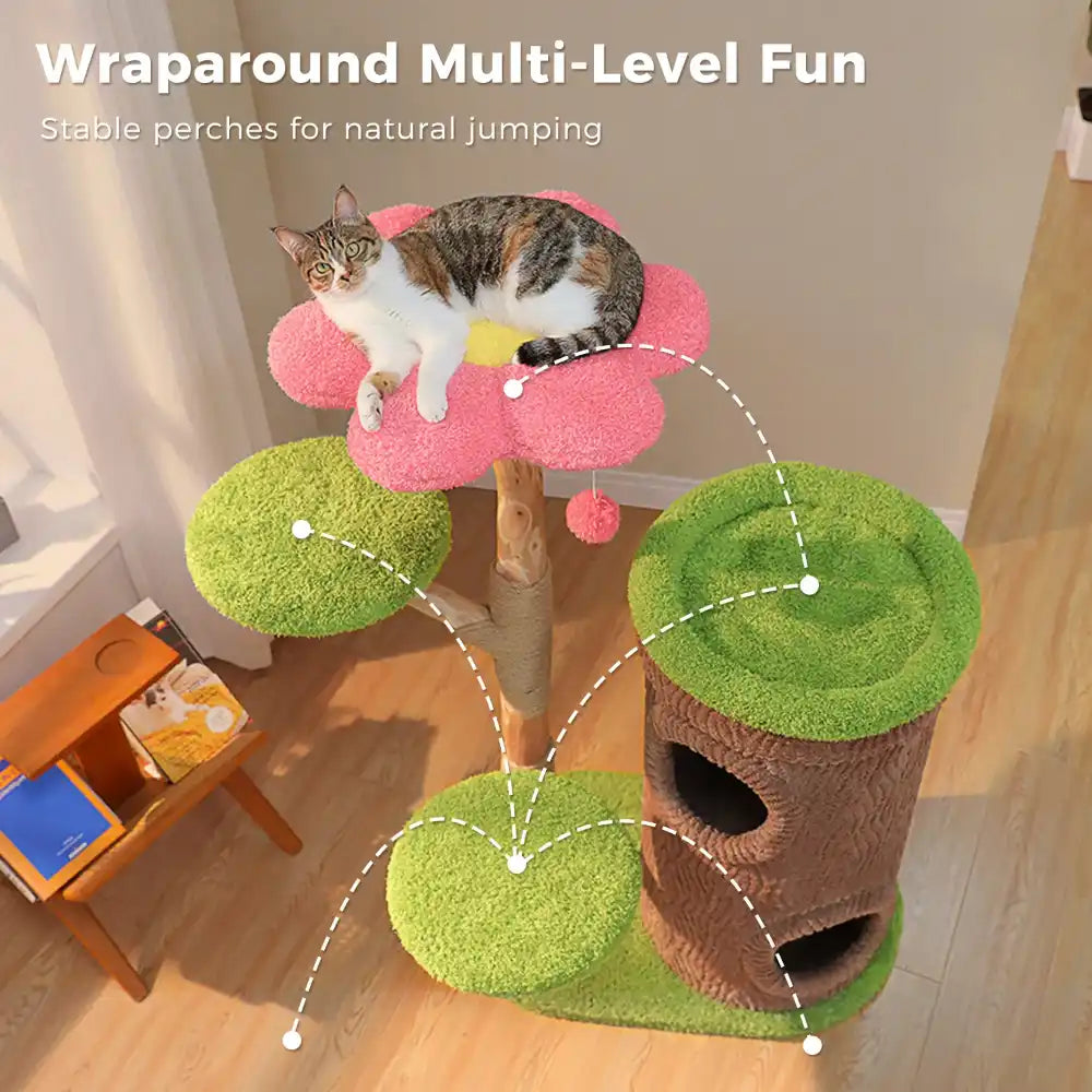 Cat tree with multiple levels and a cat sitting on it, labeled 'Wraparound Multi-Level Fun'.