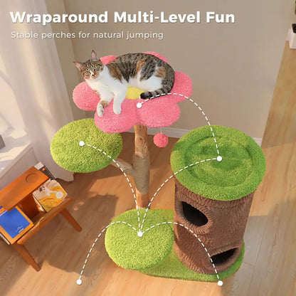 Cat tree with multiple levels and a cat sitting on it, labeled 'Wraparound Multi-Level Fun'.