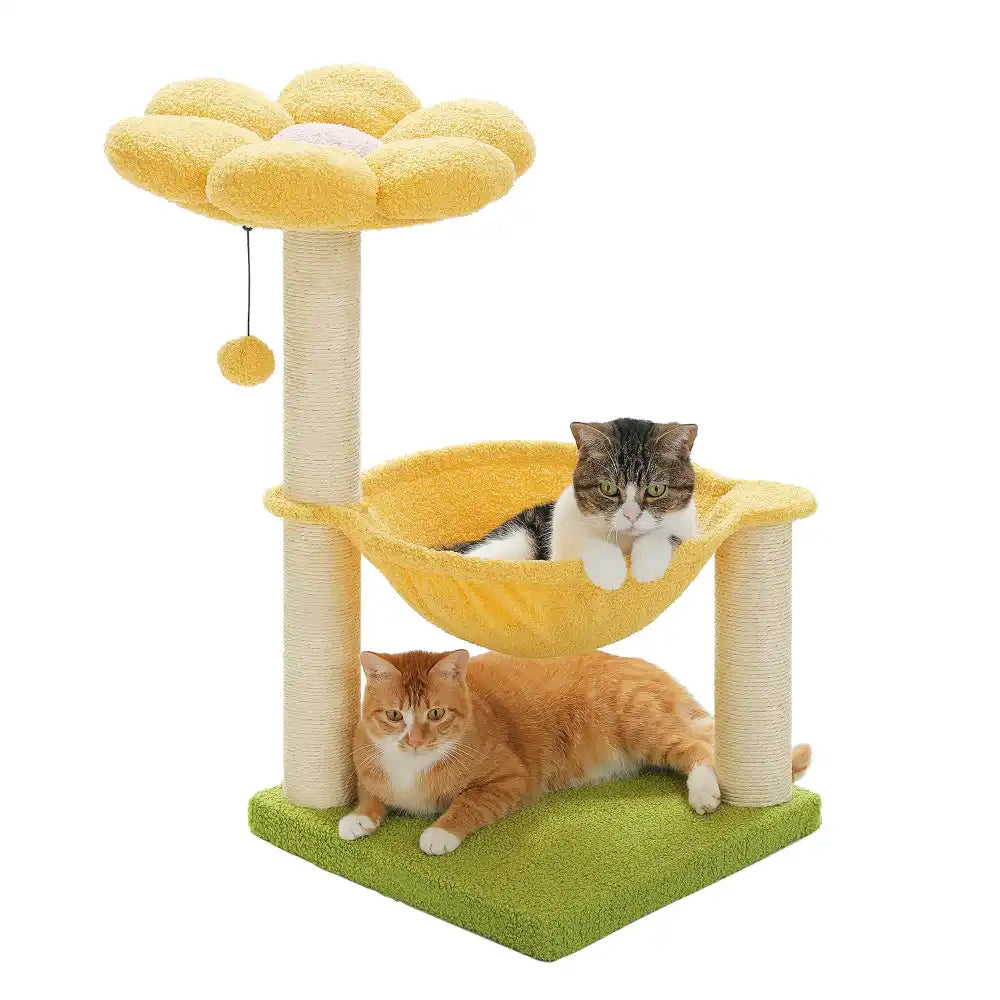 Cat tree with yellow hammock and green base, featuring two cats on a white background