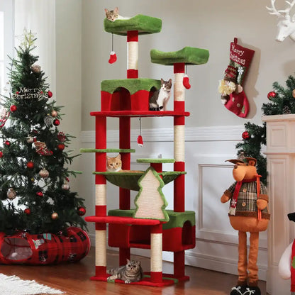Cat tree with multiple levels and green and red accents in a festive room with Christmas decorations.