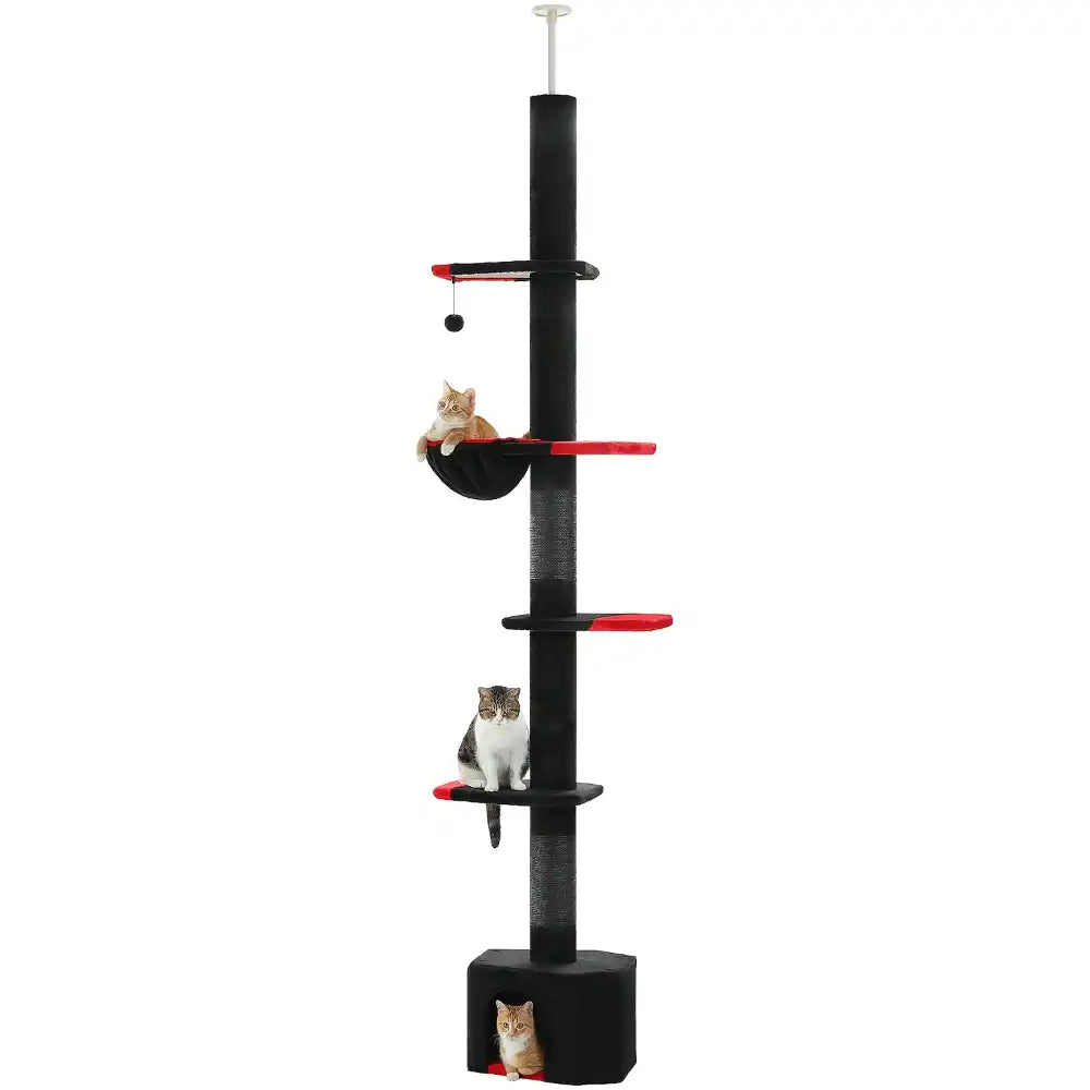 Black cat tree with multiple levels and a red platform on a white background