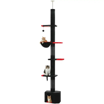 Black cat tree with multiple levels and a red platform on a white background