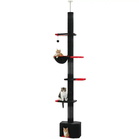 Black cat tree with multiple levels and a red platform on a white background