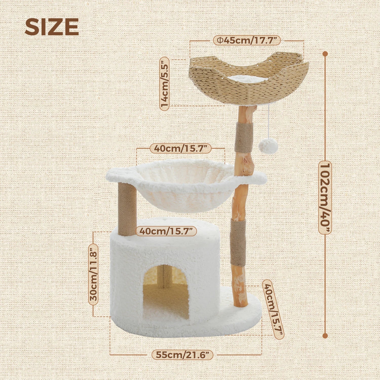 Cat tree with hammock and dimensions on a beige background