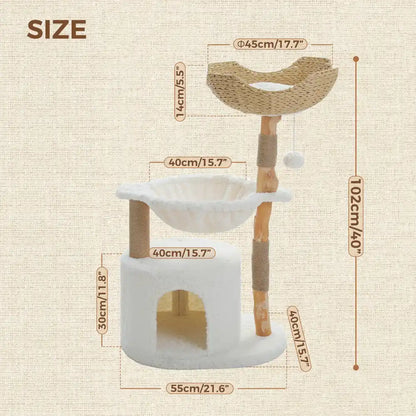 Cat tree with measurements and dimensions on a beige background