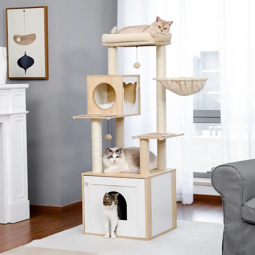 Wooden Cat Tree With Enclosure 56" - Two Colors