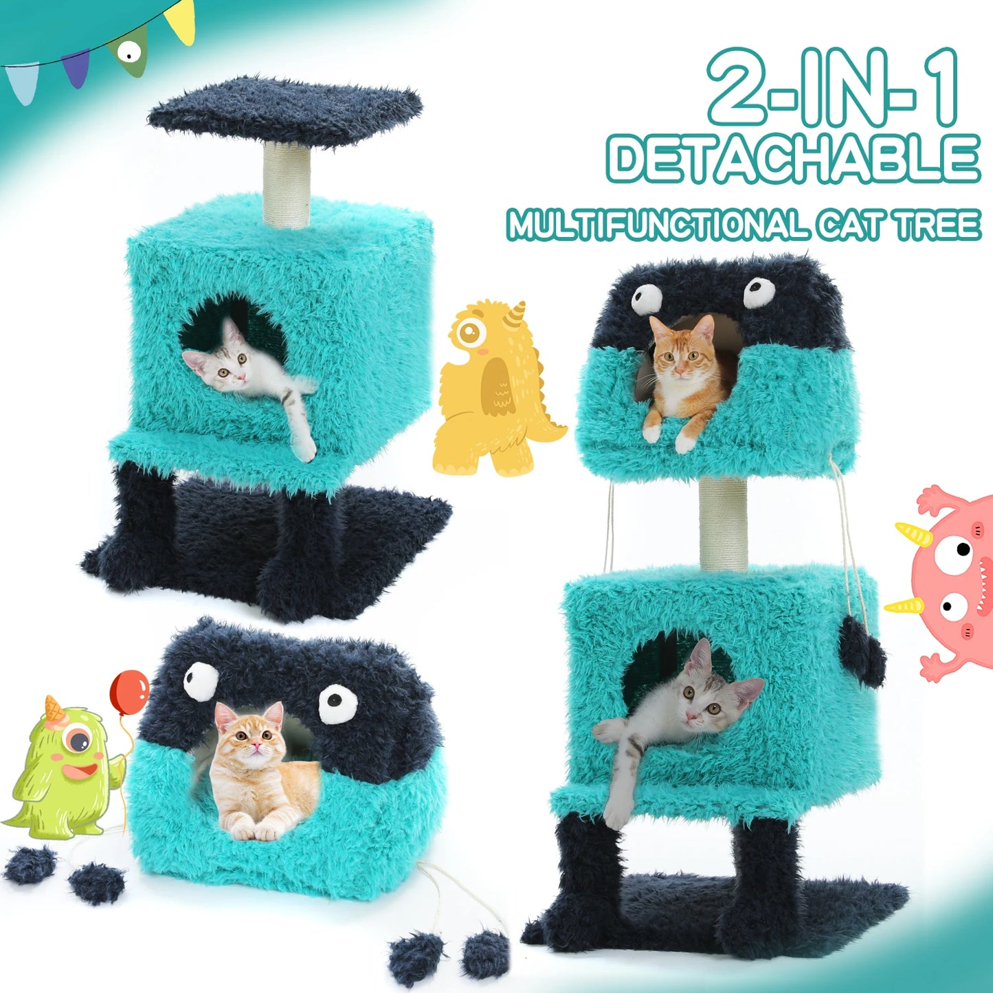 2-in-1 detachable multifunctional monster-shaped cat tree with teal cushioned platforms and black bases with cats sleeping inside.