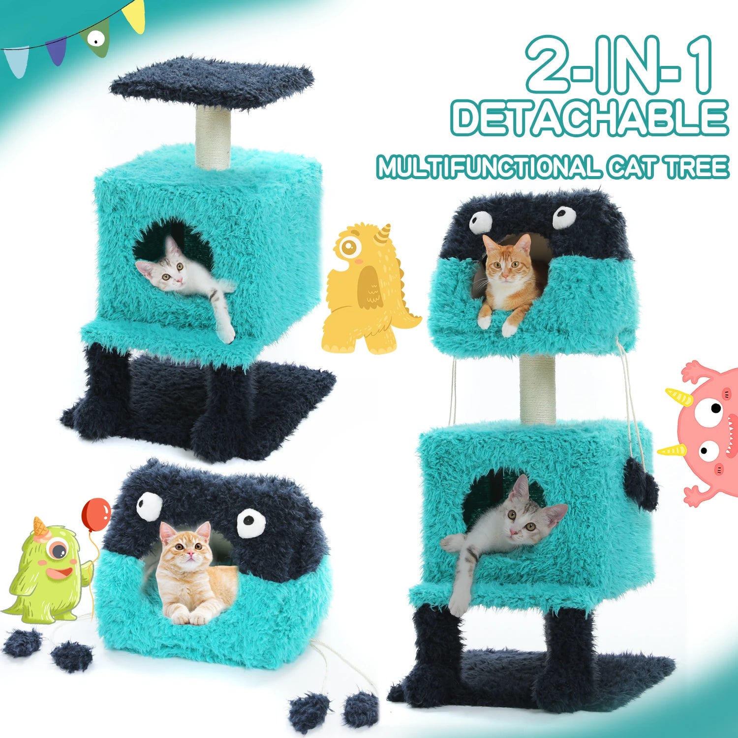 2-in-1 detachable multifunctional monster-shaped cat tree with teal cushioned platforms and black bases with cats sleeping inside.