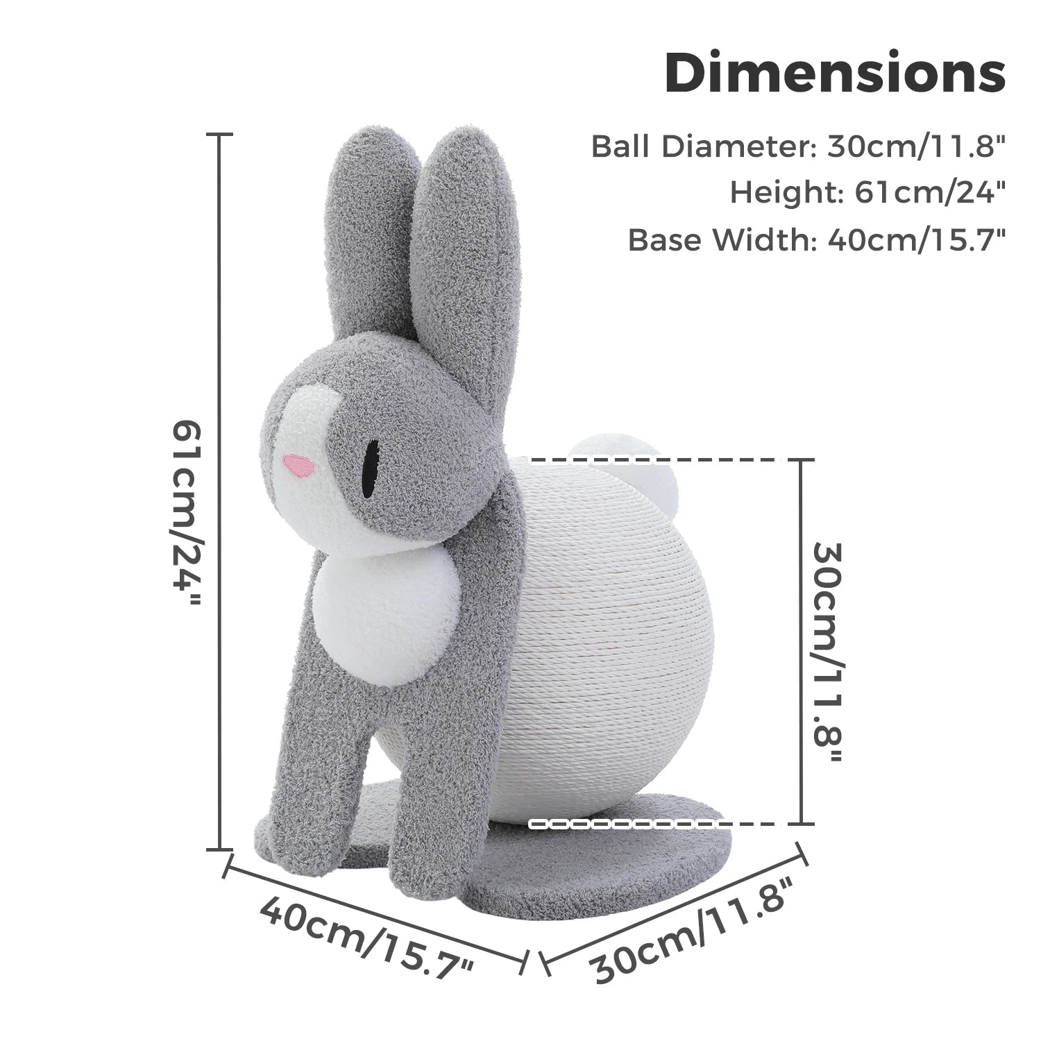 Gray bunny-shaped cat scratching post with dimensions labeled on a white background