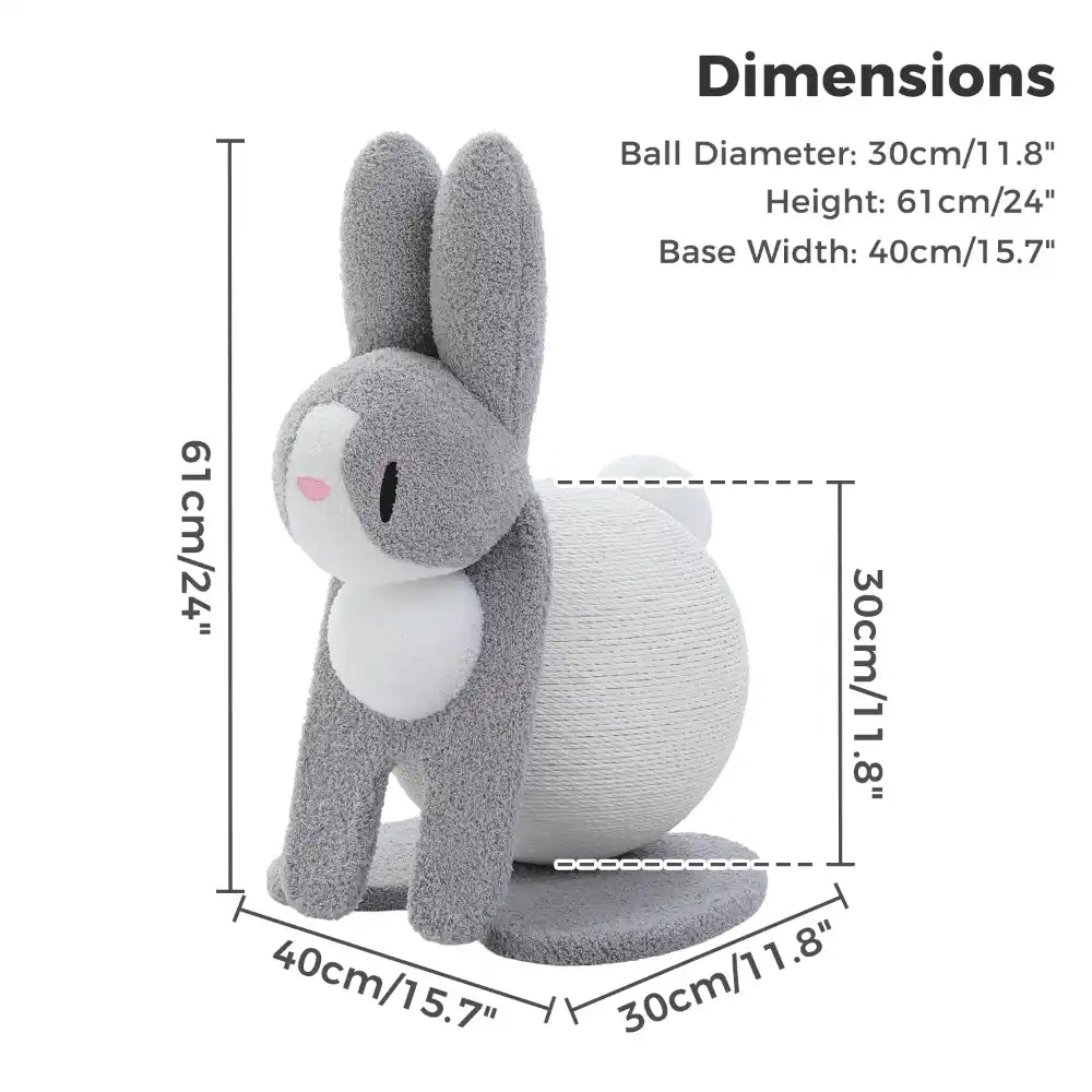 Gray bunny-shaped cat scratcher with dimensions labeled on a white background
