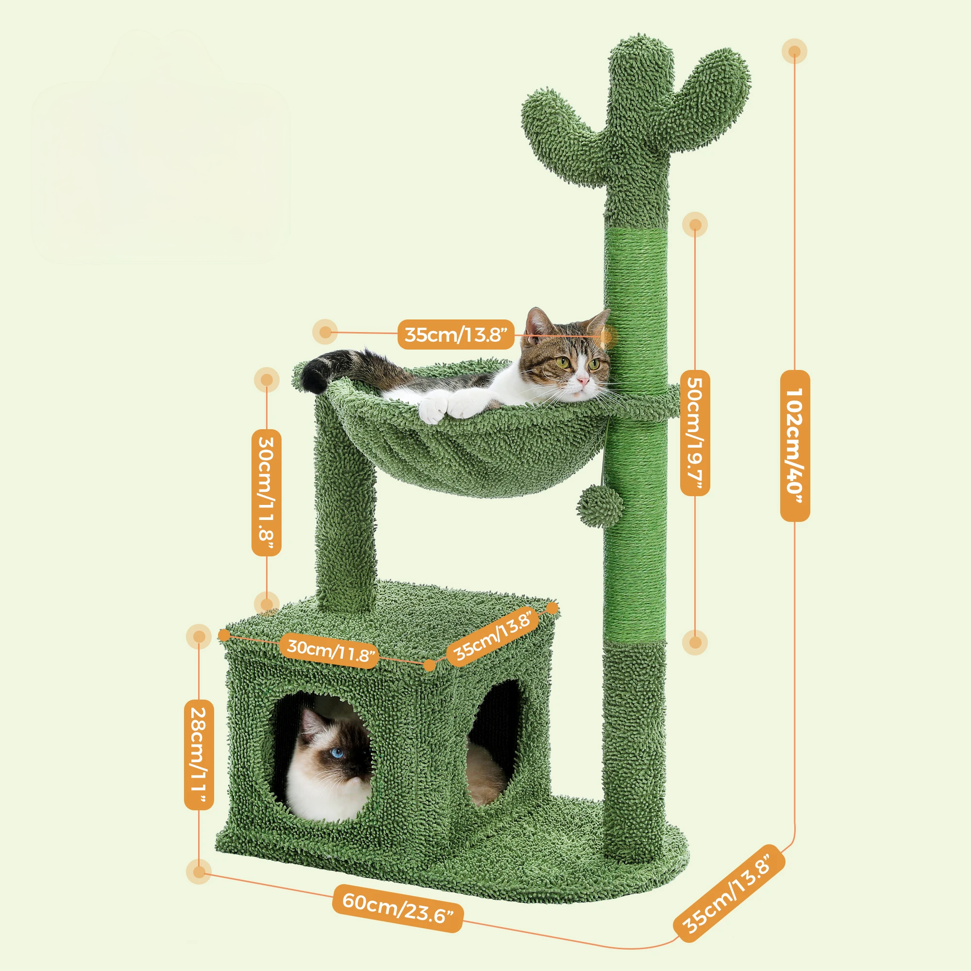 Green cat tree with a hammock and measurements on a beige background