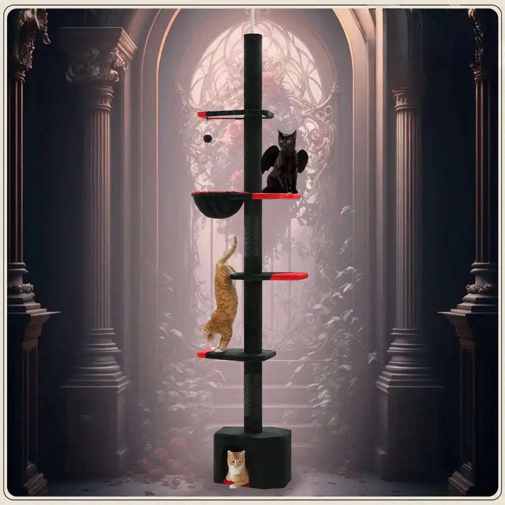 Cat tree with multiple levels in a gothic-style room with stained glass windows.