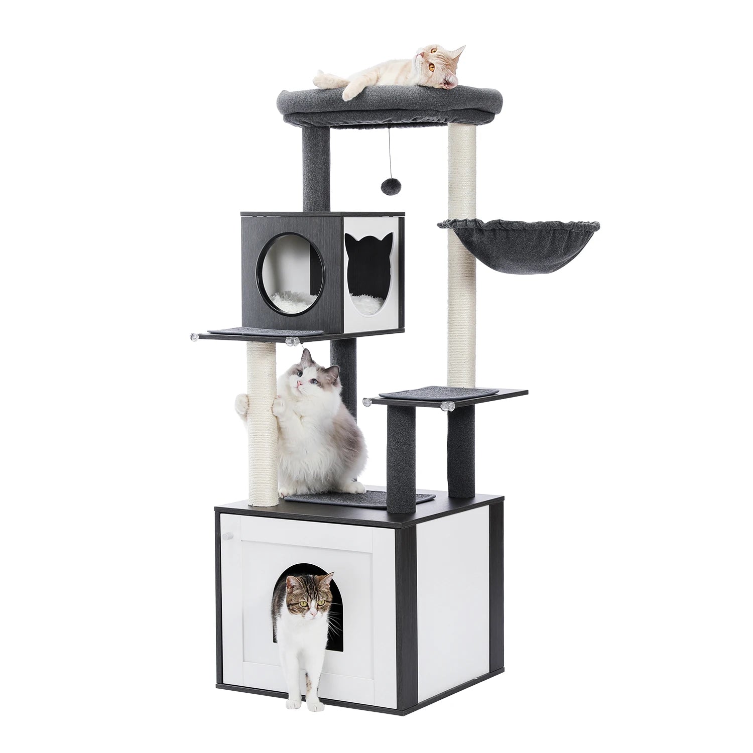 Black cat tree with multiple levels, cats and perches on a white background
