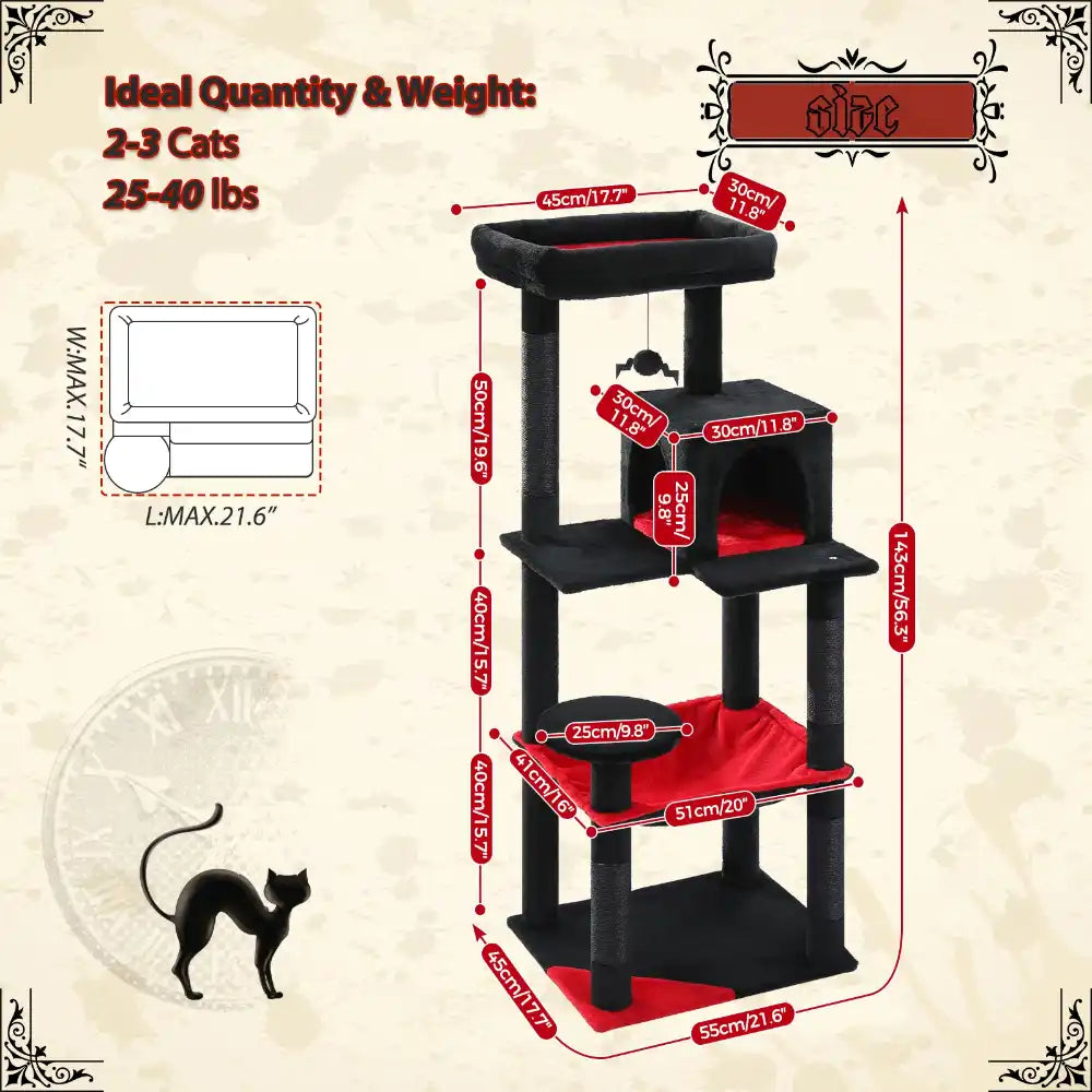 Cat tree with dimensions and ideal weight range for cats on a beige background