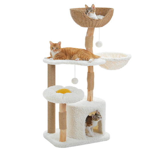 Cat tree with multiple levels and a wicker basket, featuring cats on different levels.