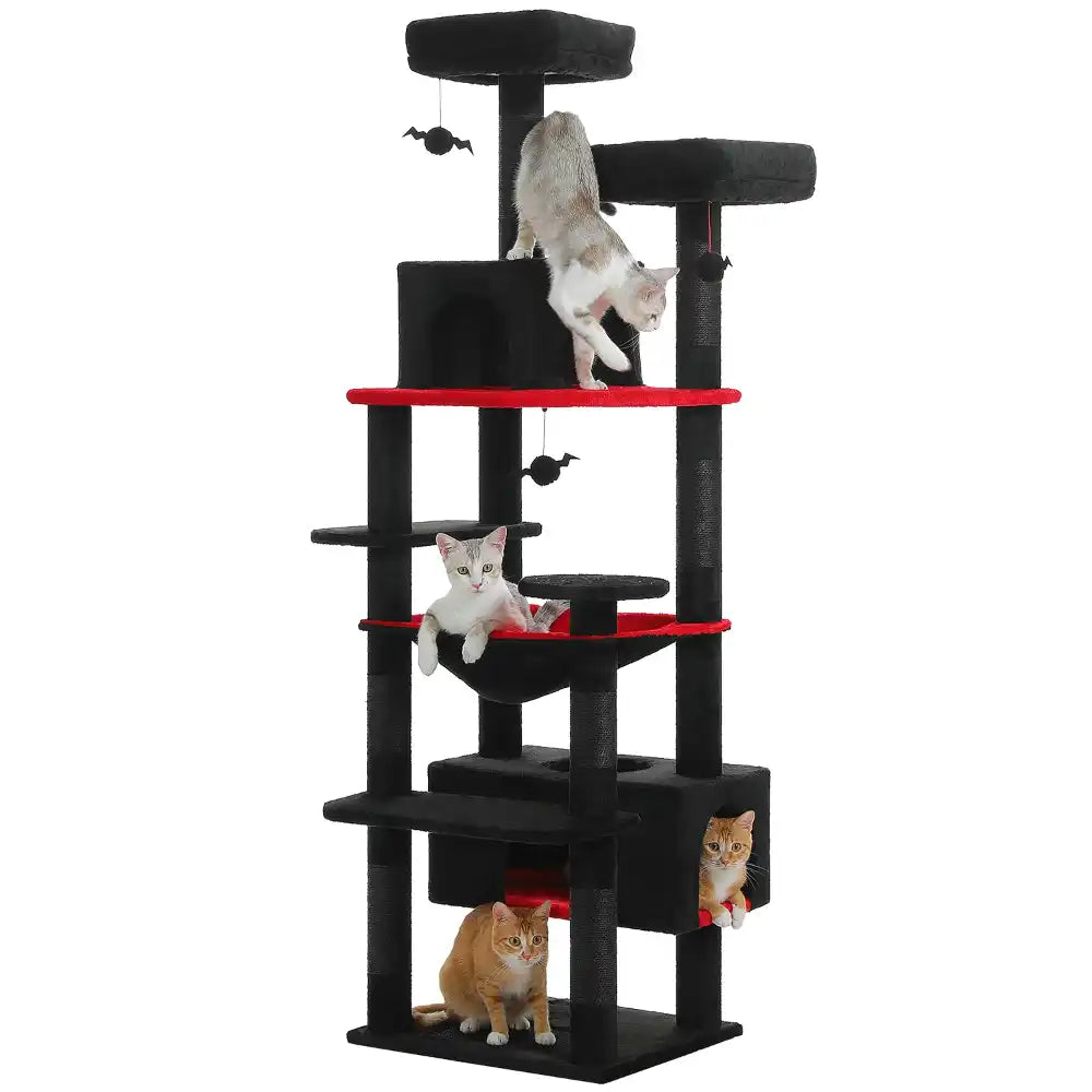 Black cat tree with multiple levels and red platforms, featuring cats on different levels.
