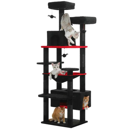 Black cat tree with multiple levels and red platforms, featuring cats on different levels.