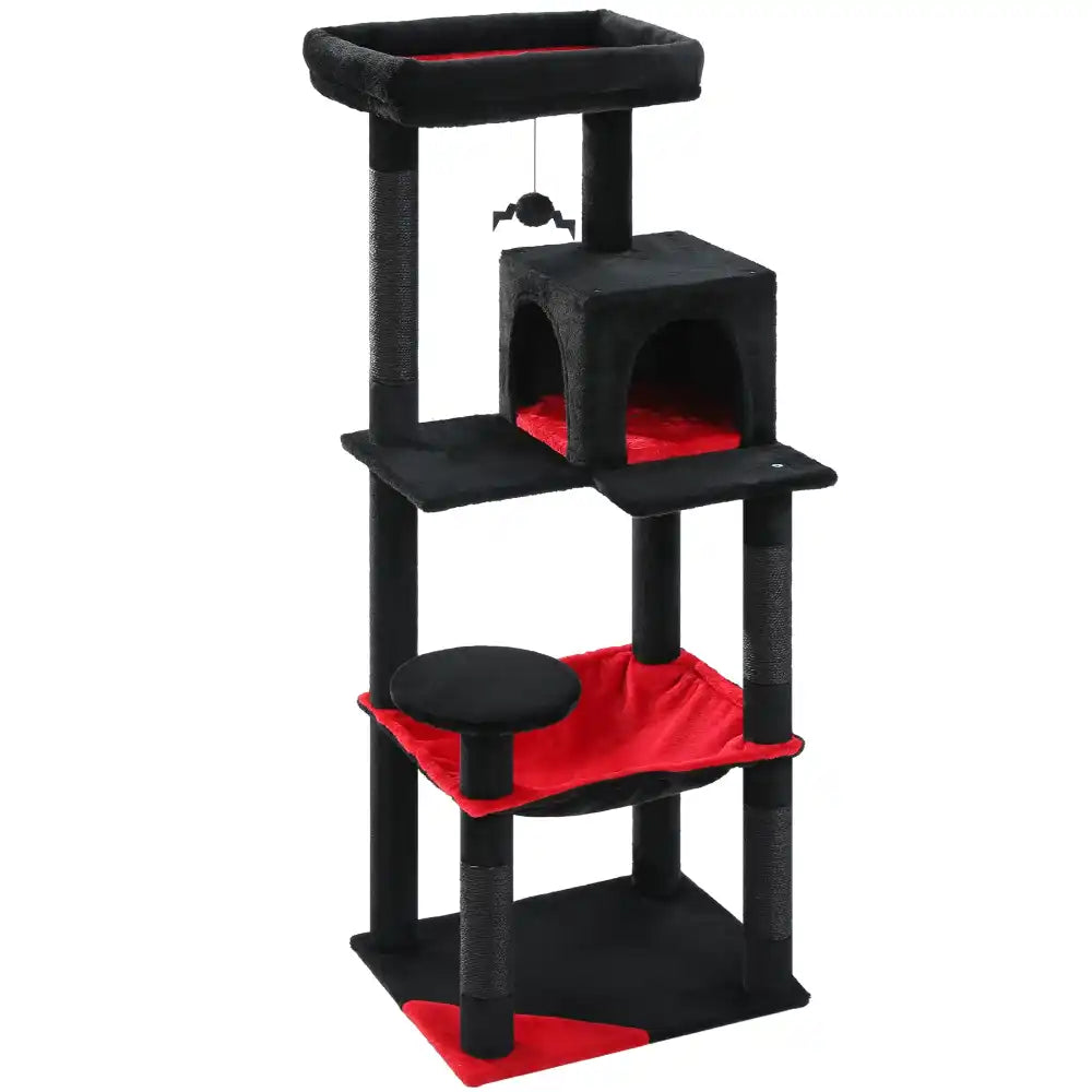 Black and red cat tree with multiple levels and a hanging toy on a white background