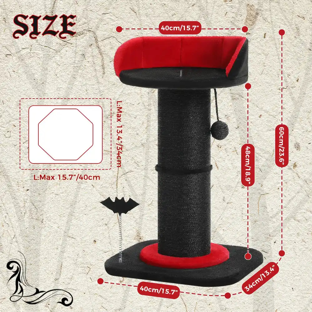 Cat tree with red and black design, featuring measurements on a textured beige background.