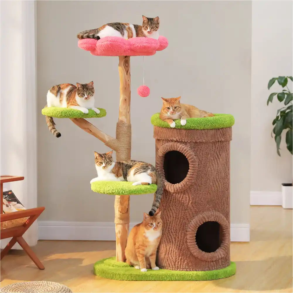 Cat tree with multiple cats on different levels in a room.