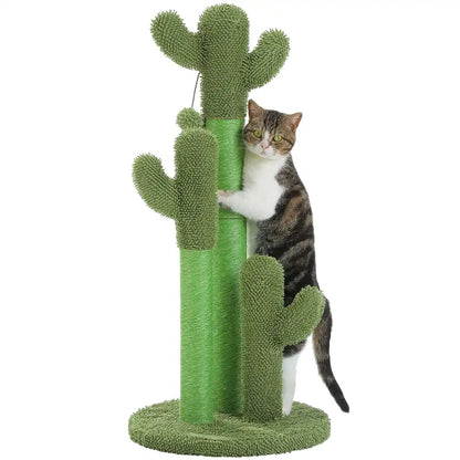 Cat climbing a green cactus-shaped scratching post on a white background