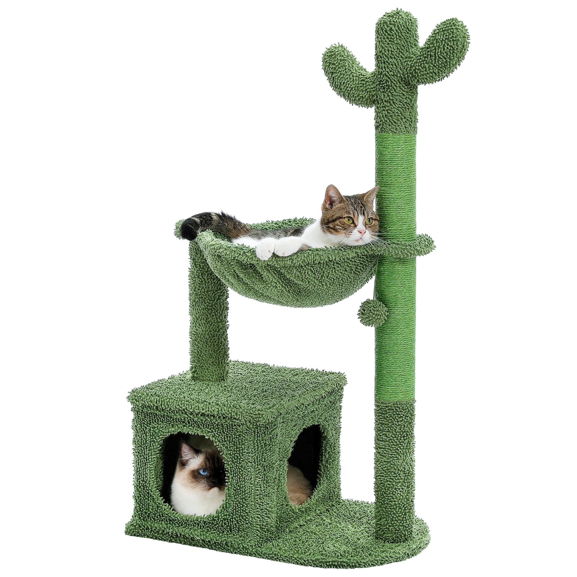 Green cactus cat tree with a hammock and two cats on a white background
