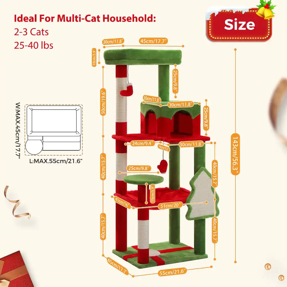 Cat tree with dimensions labeled, ideal for multi-cat households.