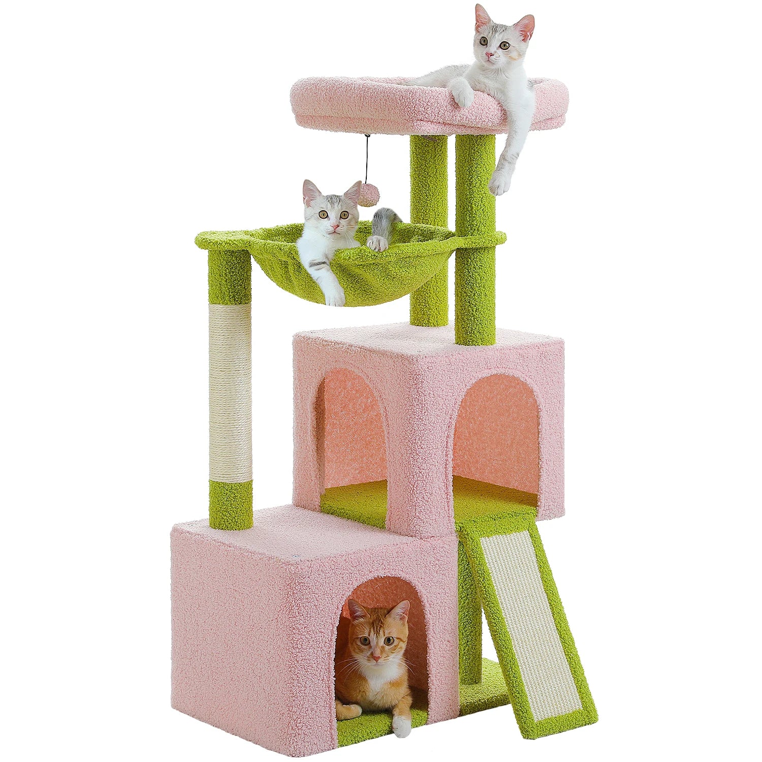 Cat tree with multiple levels and a hammock, featuring three cats on a white background.