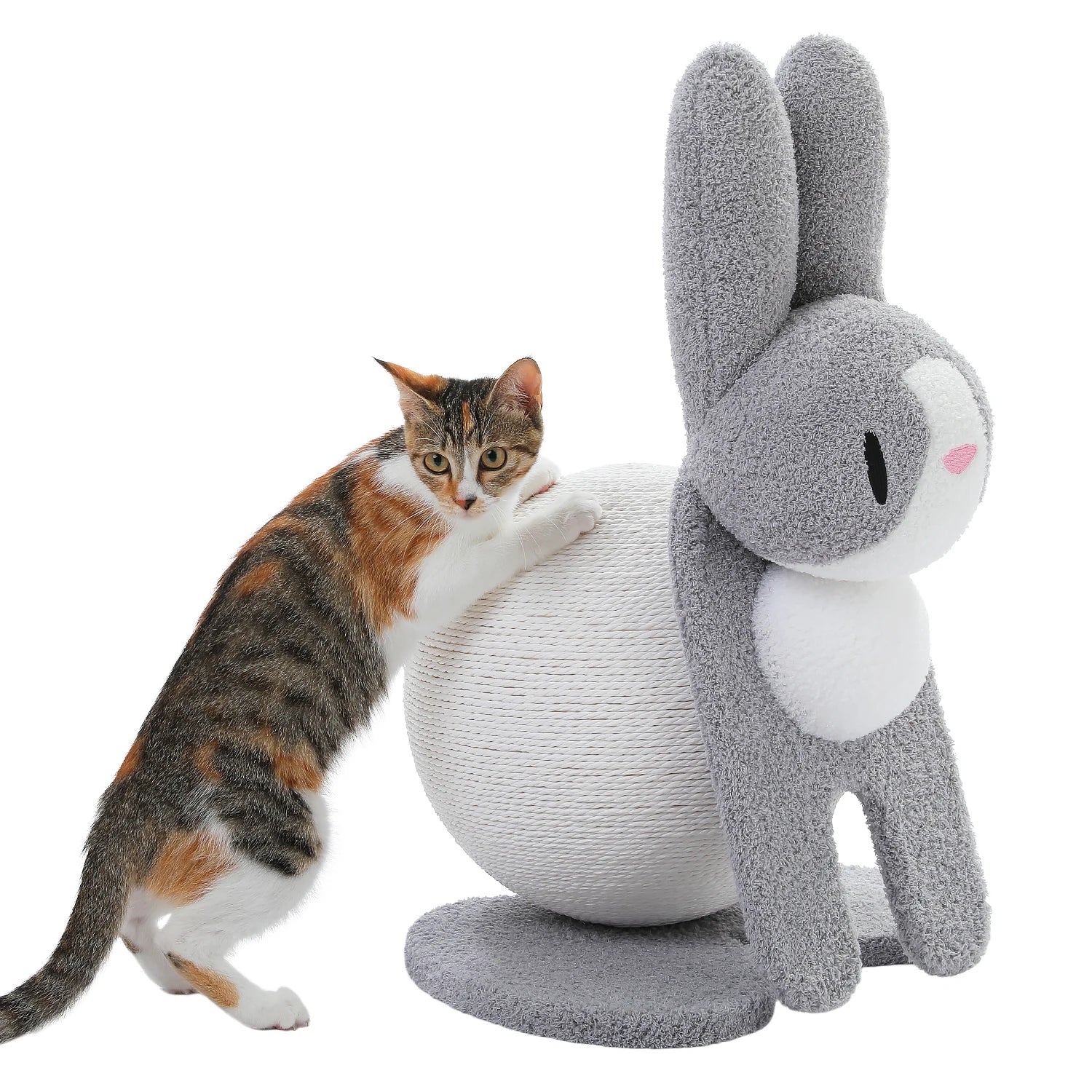 Cat climbing on a plush gray rabbit-shaped cat tree with a white background