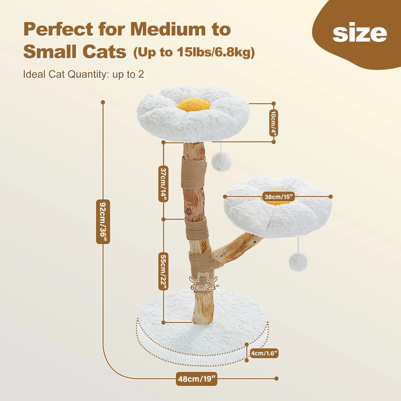 Measurement chart for a cat tree with dimensions labeled, suitable for medium to small cats.