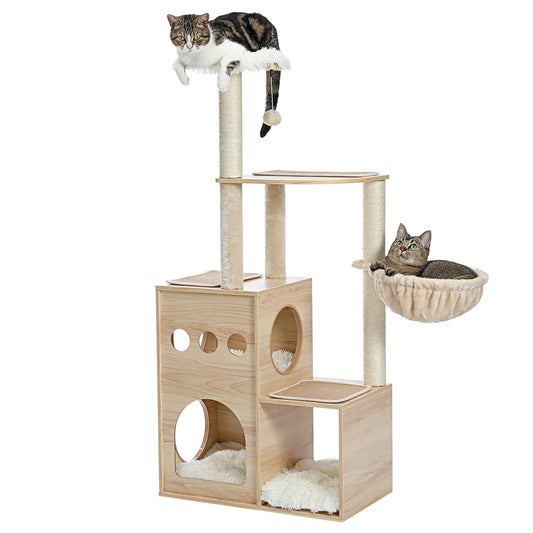 Wooden cat tree with three condos and two cats