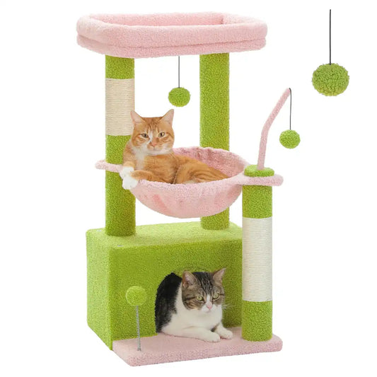 Green and pink cat tree with two cats on a white background