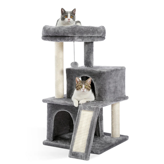 Cat tree with two cats on a white background
