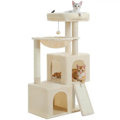 Two cats on a beige cat tree with two condos, a hammock and a perch