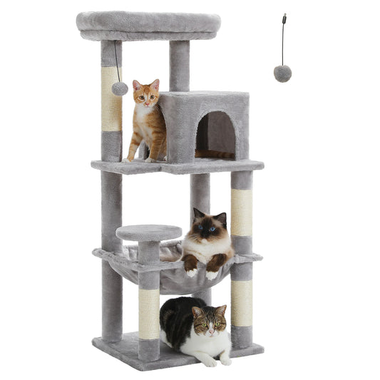 Gray cat tree with multiple cats on a white background