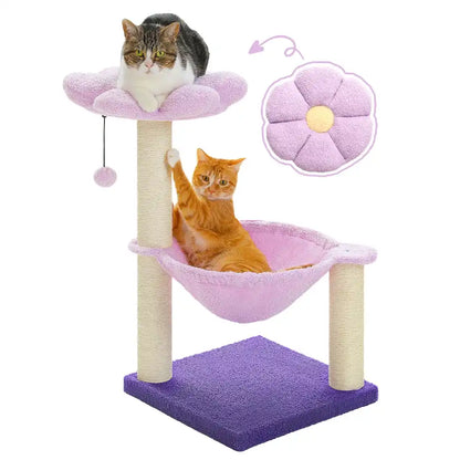 Cat tree with a hammock and two cats on a white background