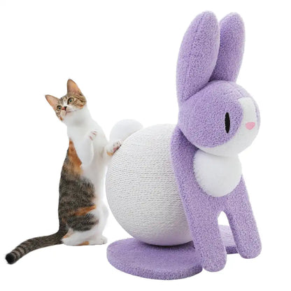 Cat playing with a purple and white bunnys-shaped cat scratcher