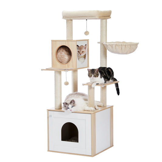 Beige cat tree with multiple levels and a hammock, featuring cats on different platforms.
