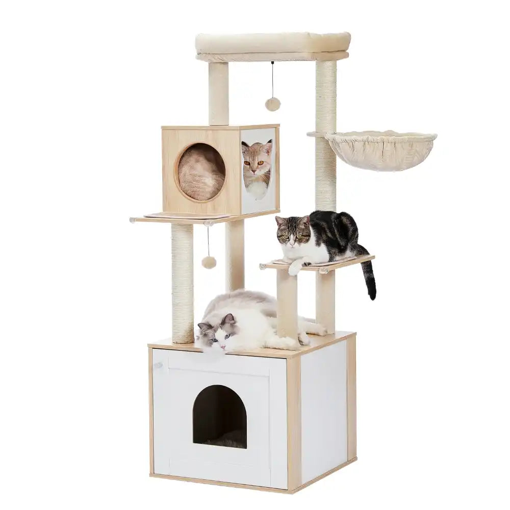 Wooden Cat Tree With Enclosure 56" - Two Colors