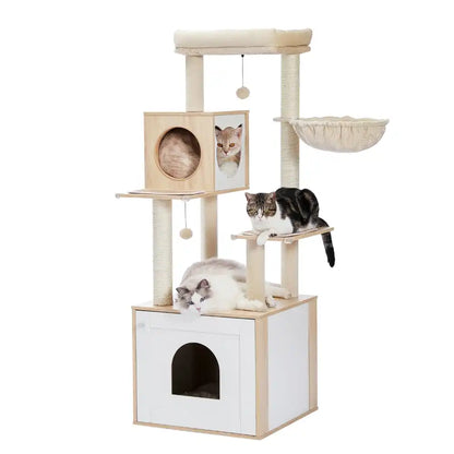 Wooden Cat Tree With Enclosure 56" - Two Colors