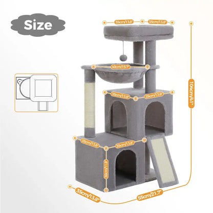 Gray cat tree with dimensions indicated on a white background