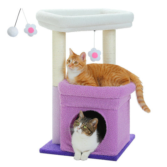 Two cats on a purple and white cat tree with hanging toys.