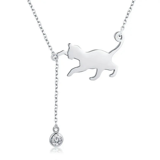Silver cat-shaped pendant necklace with a small round cubic zirconia on a white background