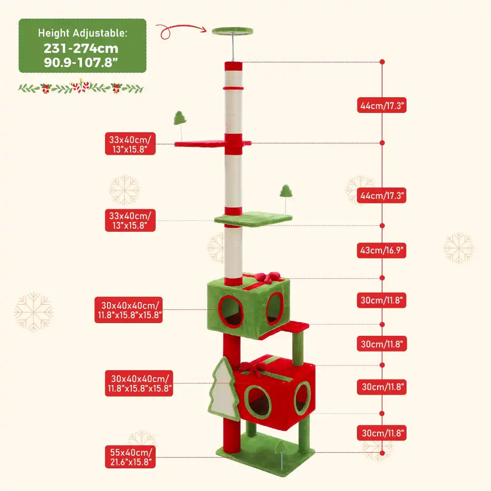 Measurement chart of a red and green cat tree with height adjustable feature.