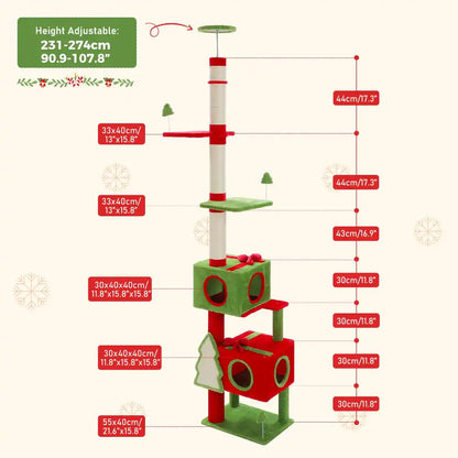 Measurement chart of a red and green cat tree with height adjustable feature.