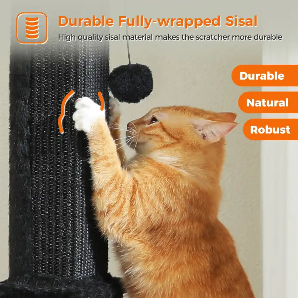 Cat using a durable fully-wrapped sisal cat scratcher with text highlighting its qualities.